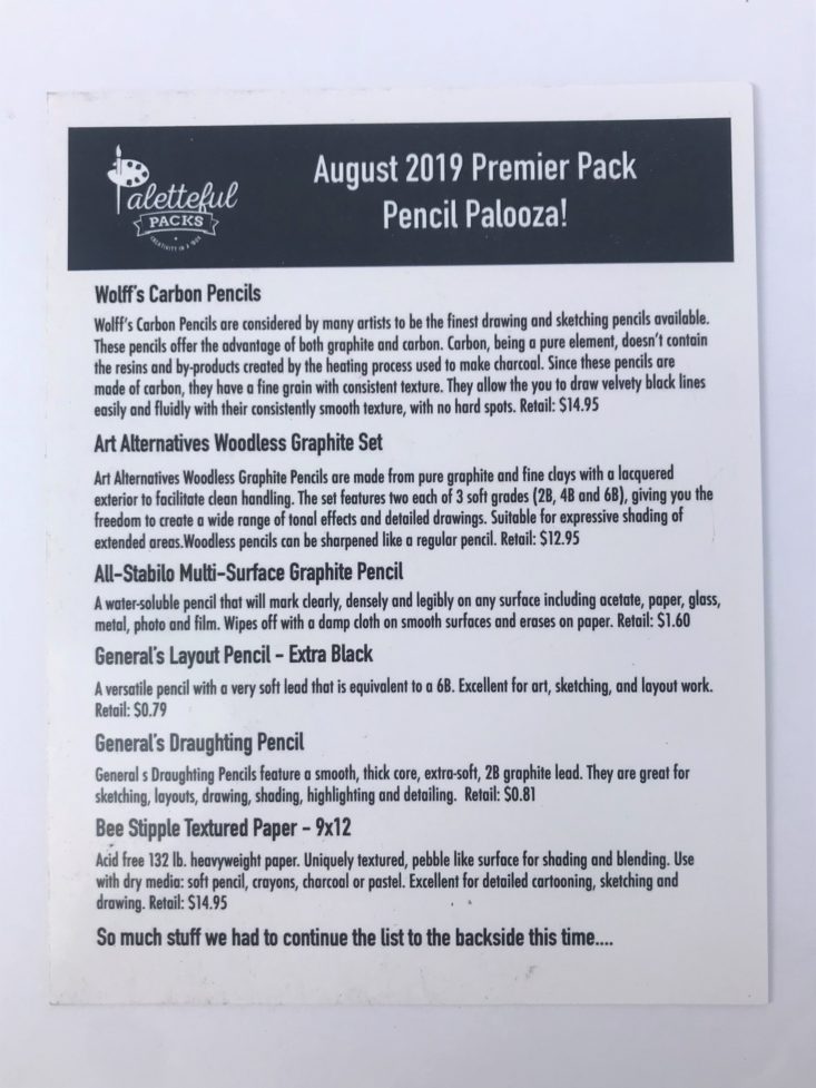 Paletteful Packs August 2019 - Contents Sheet Front