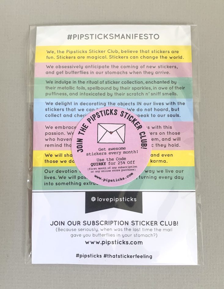 back view of the sticker packaging with the pipsticks manifesto