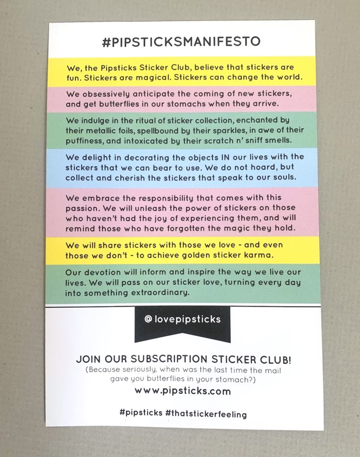full view of the pipsticks manifesto card
