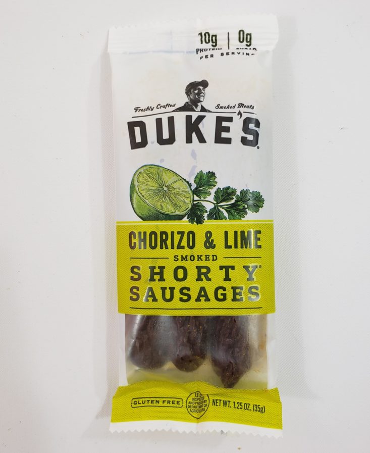 Snack With Me August 2019 - Duke’s Chorizo And Lime Shorty Sausages Front