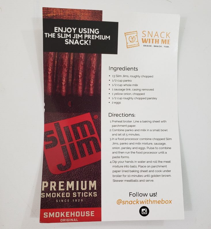 Snack With Me August 2019 - Smoke House Meat Balls Recipe Card Back