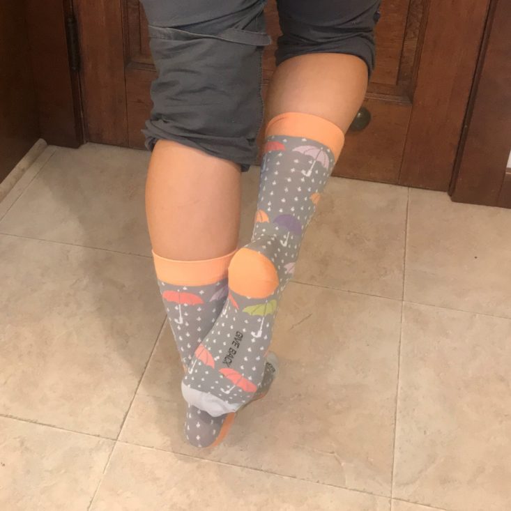 Sock Panda October 2019 Review - dotted umbrella socks on, toe and heel view