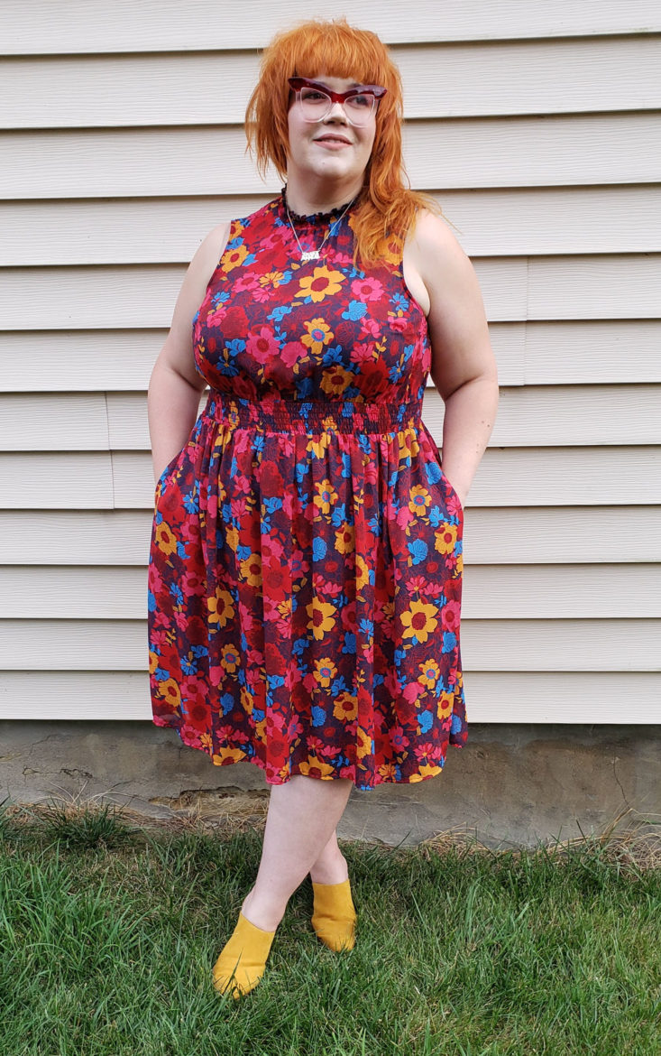 Gwynnie Bee Box August 2019 - Model Wearing Multi Floral Smocked Waist Midi Dress Front 2 Front