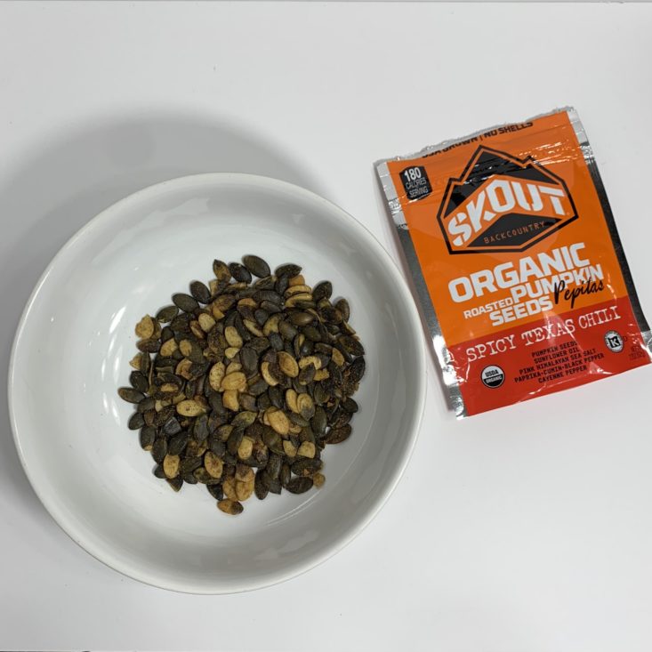 Keto Krate August 2019 - Skout Backcountry Organic Roasted Pumpkin Seeds - Spicy Texas Chili Plated