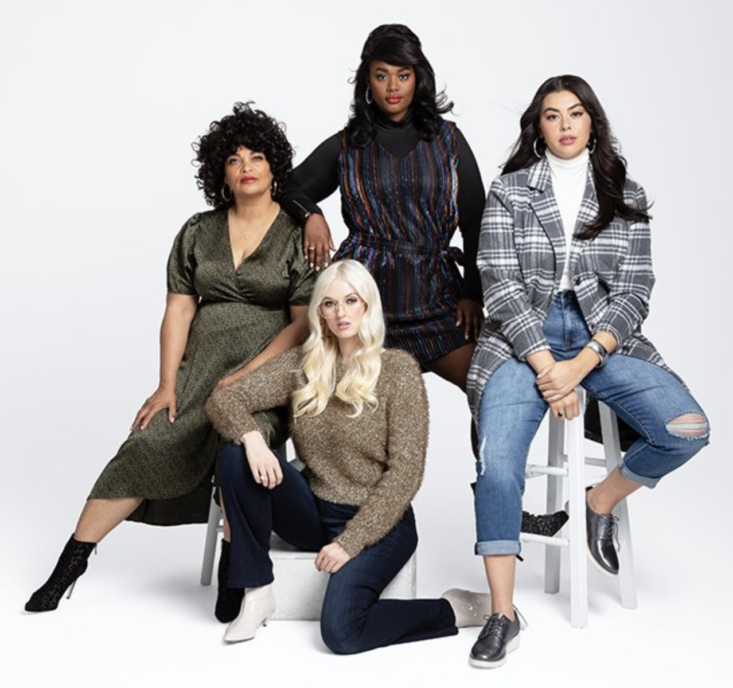 4 women posing in dia & co outfits, including dresses, denim, & jackets