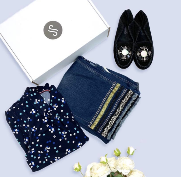 a stylogic box and 3 pieces (jeweled slippers, boho jeans, & a patterned top) from above
