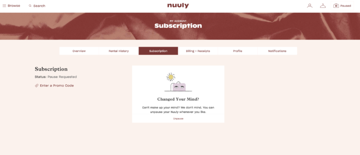 nuuly page about pausing subscription