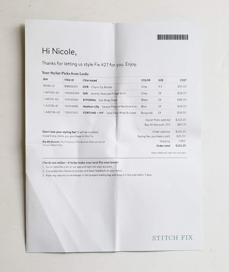 Stitch Fix Plus August 2019 - Invoice