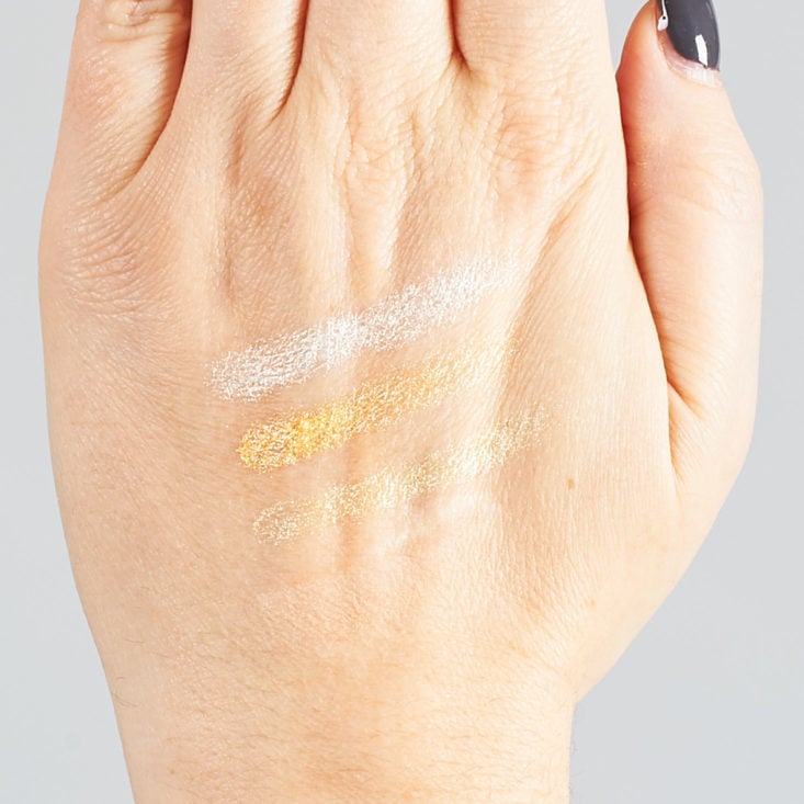 OMFG Cosmetics Highlighting Powder and Peony Matcha BB Powder swatches on Marne's hand